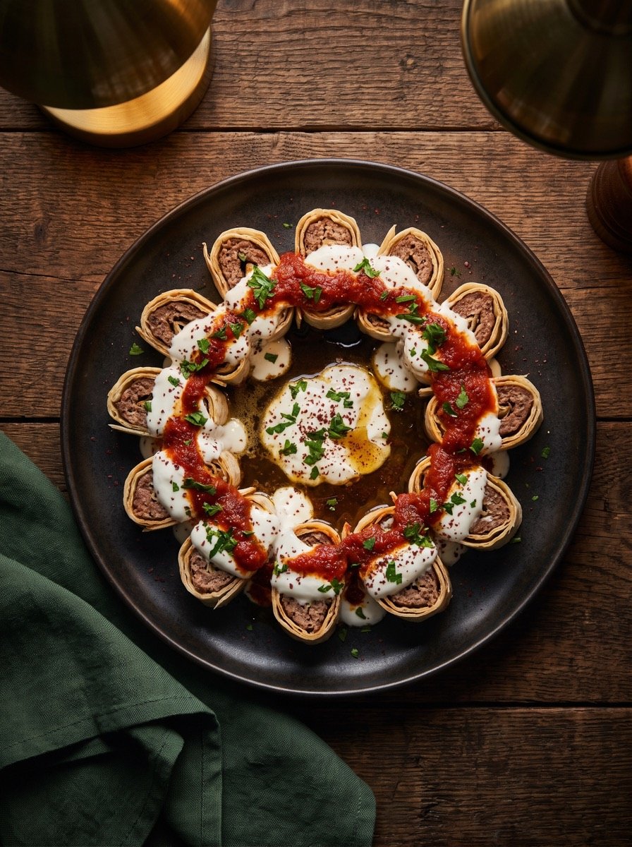 Beyti Kebap im Teigfladen mit Joghurt und Tomatensoße