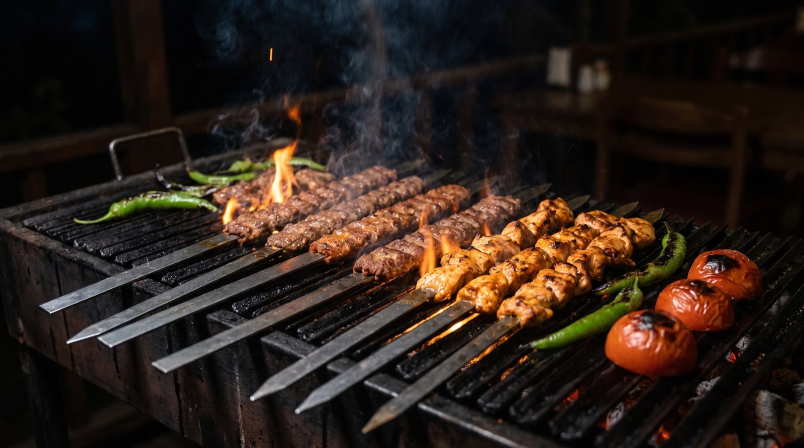 Kebap-Spieße über glühender Holzkohle
