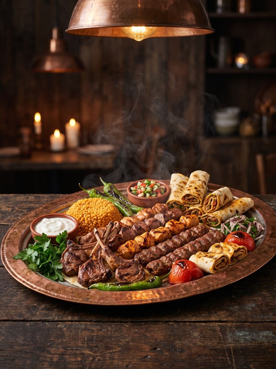 Grillplatte mit Lammkotelett, Spießen, Lahmacun und Bulgur