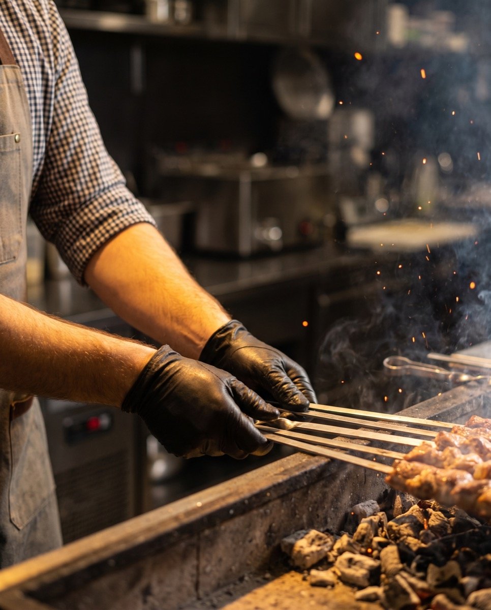 Hände wenden Spieße über dem Holzkohlegrill